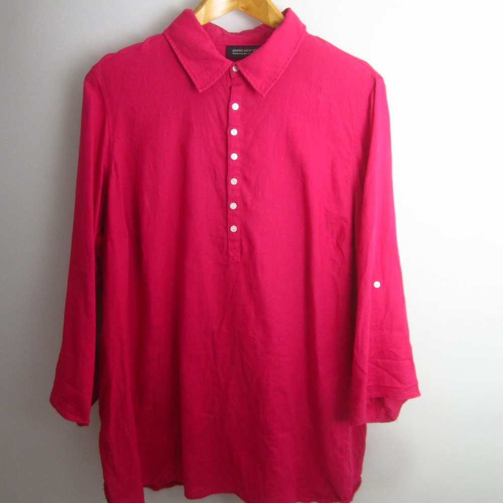 Jones New York Womens Plus 2X Pink 3/4 Convertible Sleeve 100% Linen Shirt Tunic